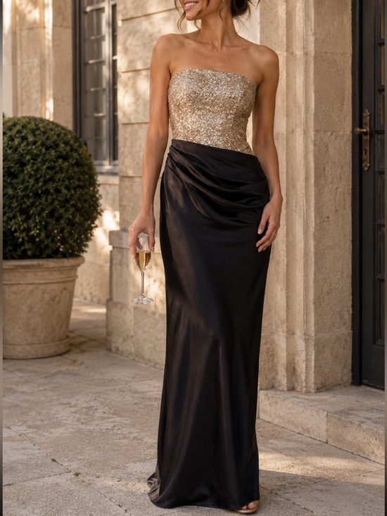 Betsy & Adam Dresses & Skirts - Betsy & Adam Gold Sequin Black Strapless Corset Gathered Draped Maxi Dress